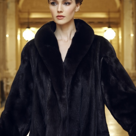 80s BLACK MINK OVERSIZED SWING COAT W RAGLAN SLEEVE VERTICAL & HORIZONTAL DESIGN - Picture 12 of 15